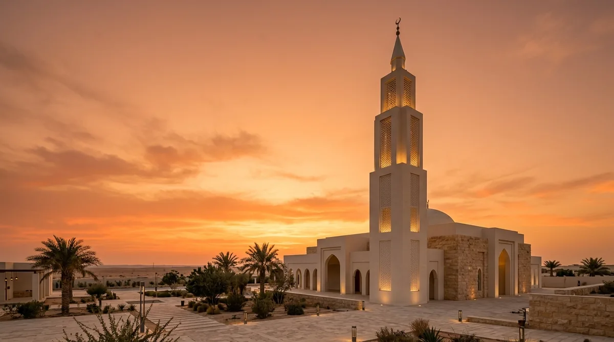 مئذنة مسجد سعودي عند غروب الشمس